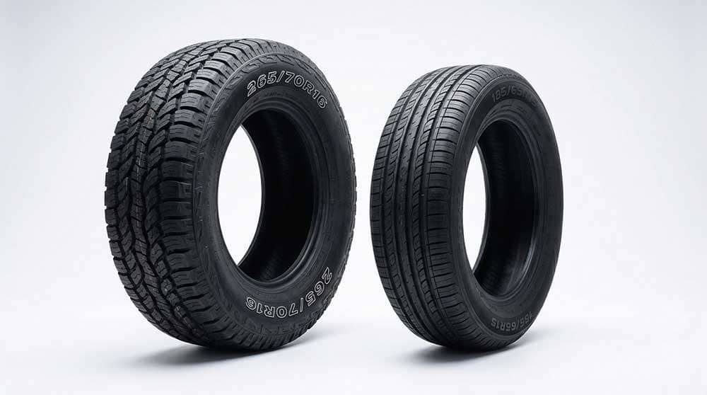 Side by side comparison of different tire sizes showing width and height differences