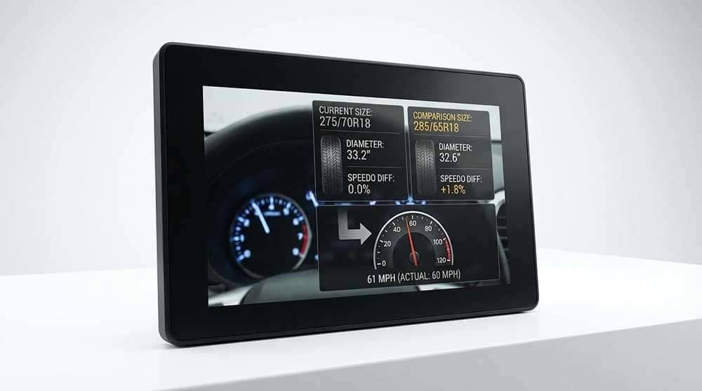 Tire size comparison calculator showing differences in diameter, sidewall, and speedometer