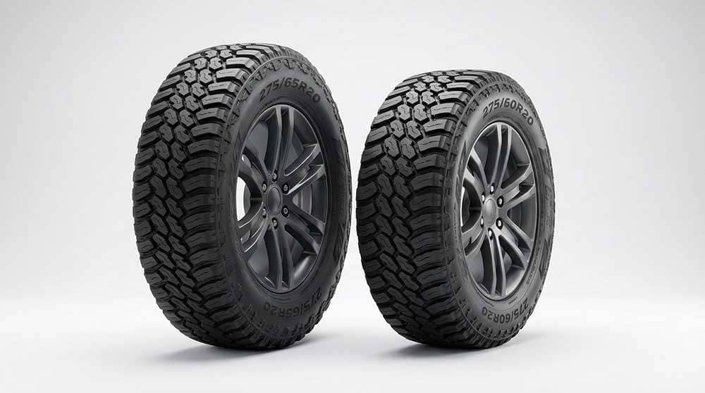 Tire size comparison chart showing 275/65R20 and its diameter, width, and sidewall measurements with equivalents