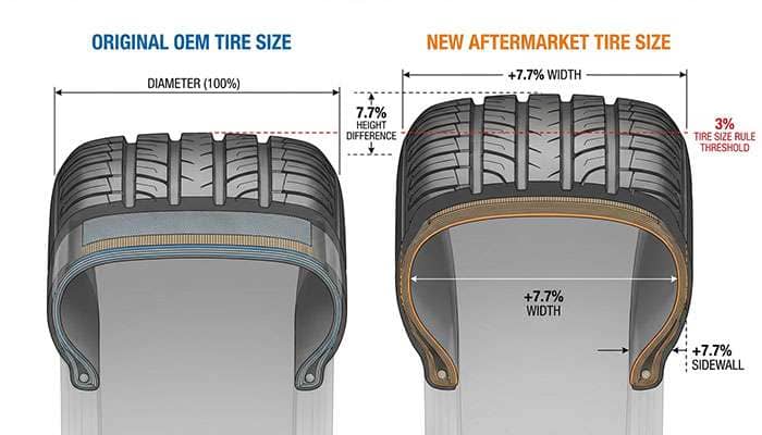 Comparison of original and new tire sizes showing a 7.7% difference that exceeds the 3% tire size rule for safety