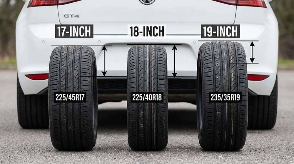 Comparison of 17, 18, and 19-inch car tires displayed in front of white hatchback with text explaining differences