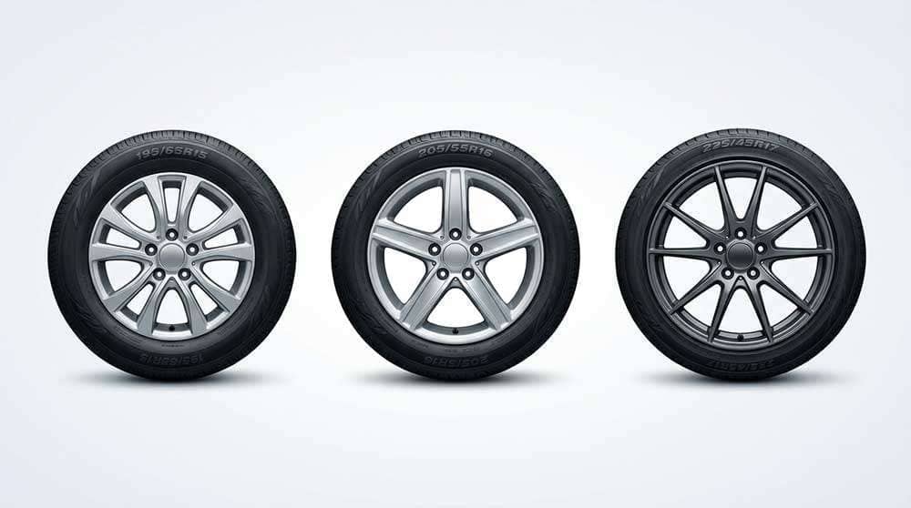 Comparison of three tire sizes (195/65R15, 205/55R16, 225/45R17) illustrating inch-up rim changes for better driving