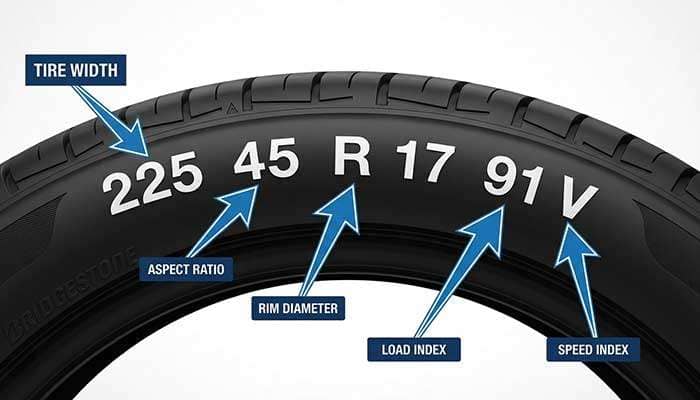 Diagram explaining tire size components including tire width, aspect ratio, rim diameter, load index, and speed index on a tire