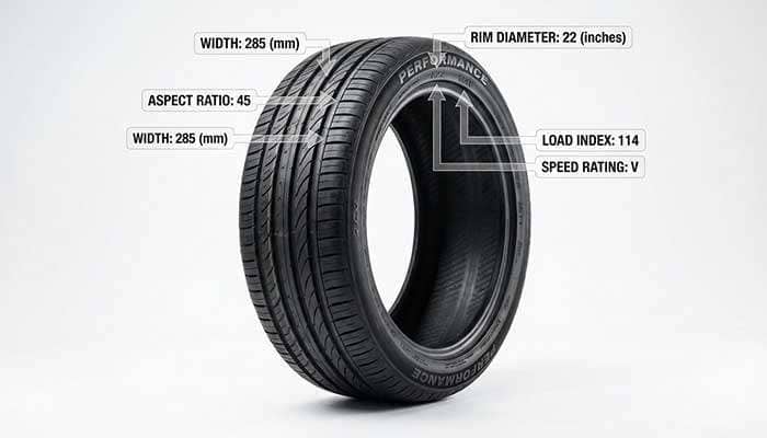 Diagram explaining tire size components including tire width, aspect ratio, rim diameter, load index, and speed index on a tire image