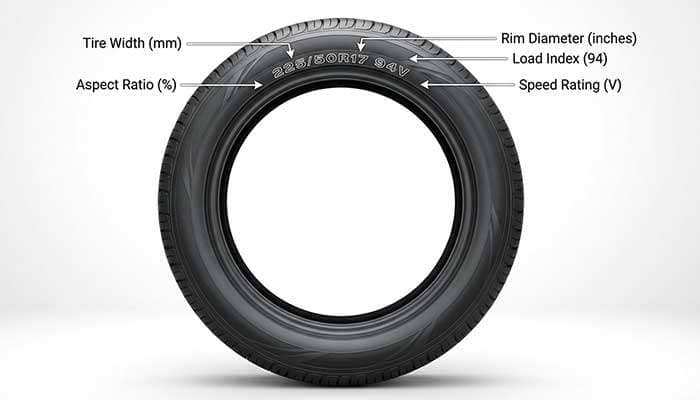 Diagram explaining tire size components including tire width, aspect ratio, rim diameter, load index, and speed index on a tire