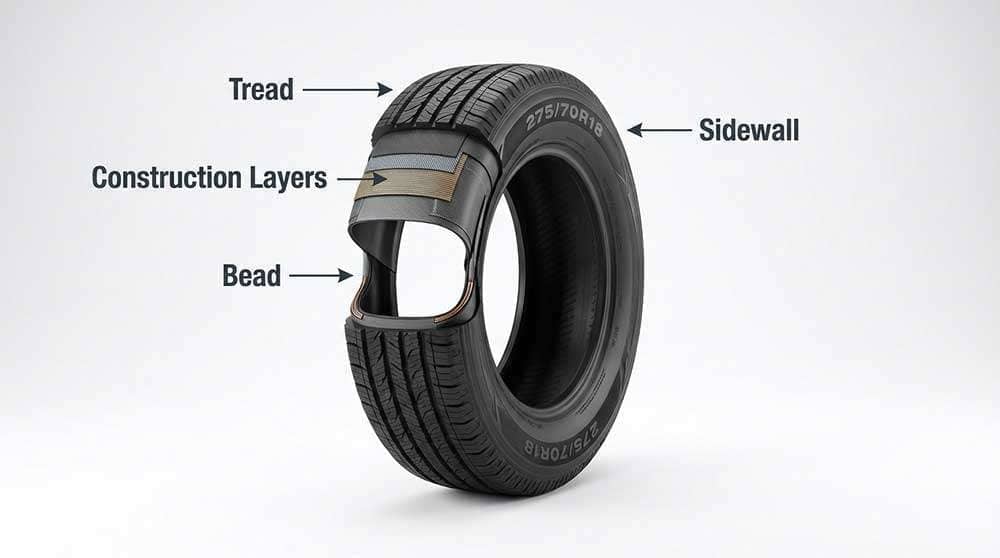 Diagram explaining tire size components including, section width, aspect ratio, construction, rim diameter, load index, and speed rating