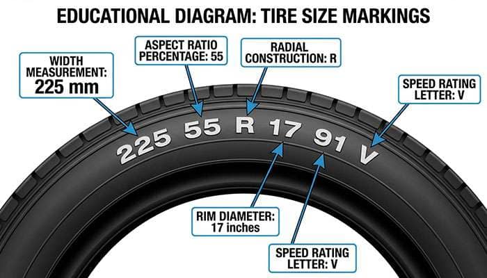 Diagram explaining tire size components including width, aspect ratio, radial construction, rim diameter, load index, and speed rating