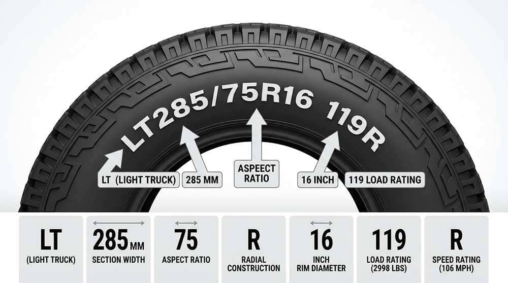 Diagram explaining tire size markings including section width, aspect ratio, radial construction, rim diameter, load rating, and speed rating