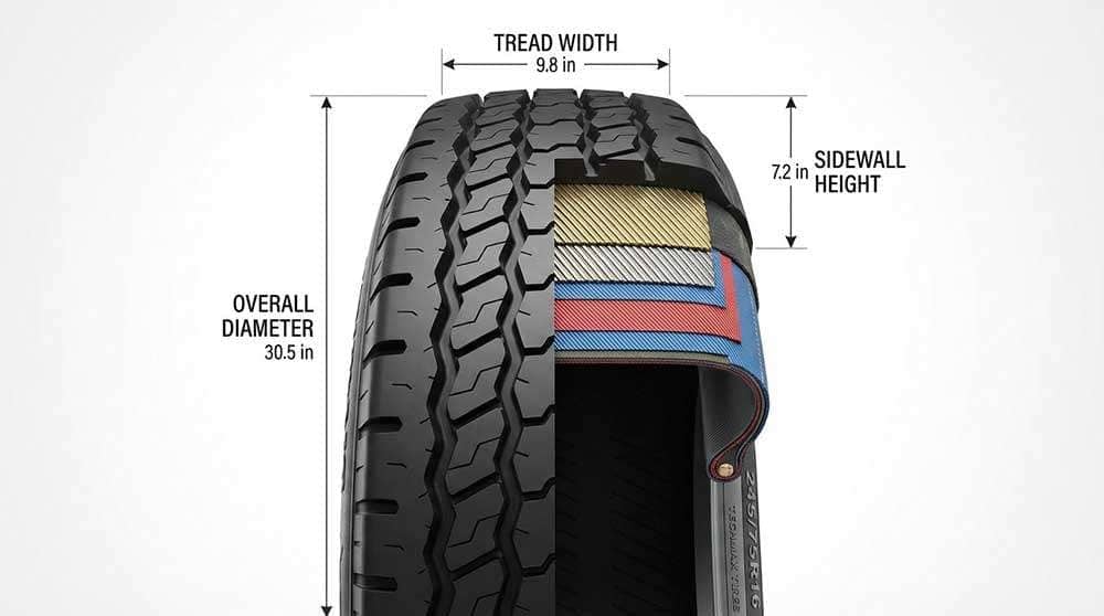 Diagram explaining tire size components including tire width, aspect ratio, rim diameter, load index, and speed index on a tire image