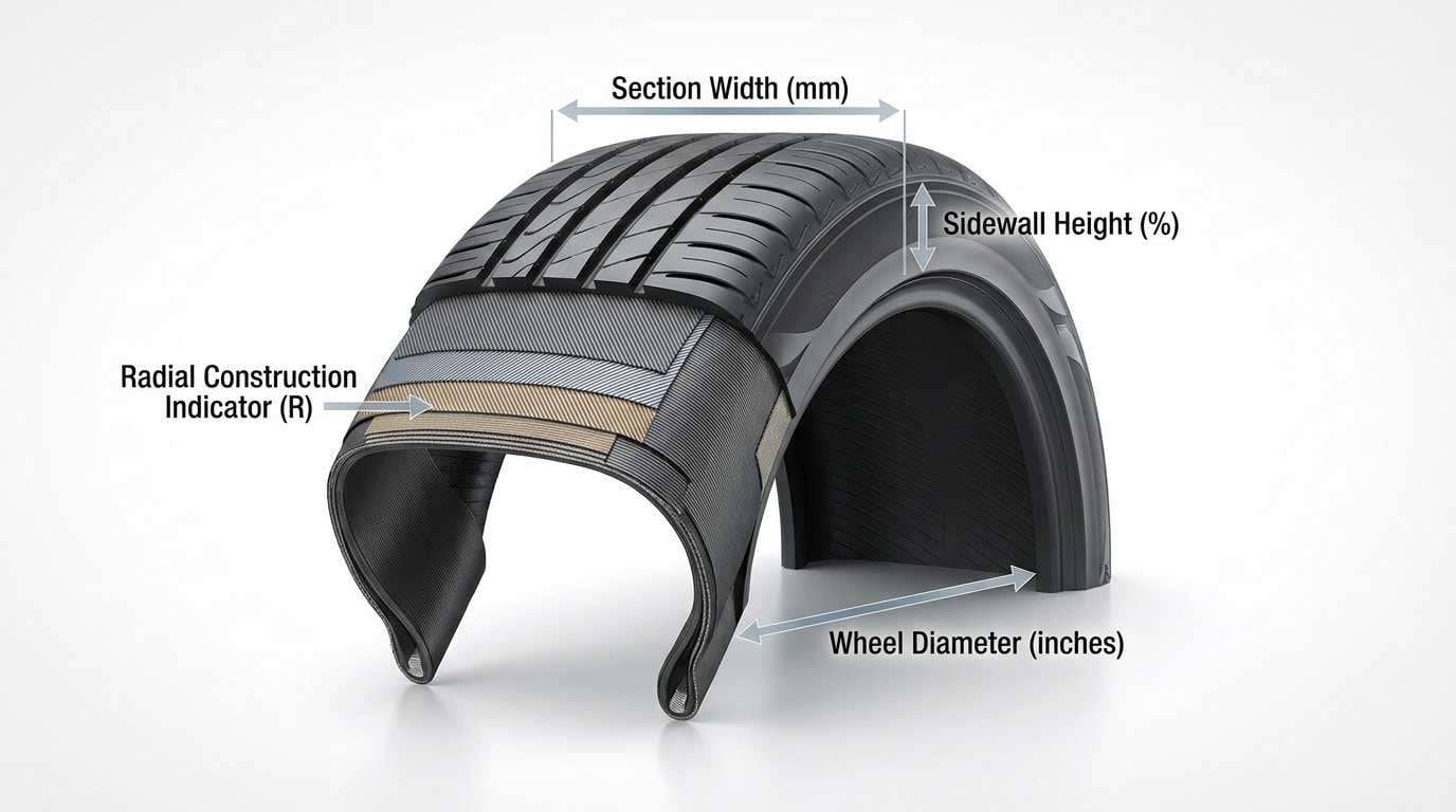 Diagram explaining tire size with width 205mm, sidewall height 80%, radial construction, and wheel diameter