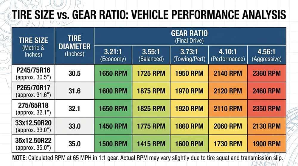 Chart displaying tire sizes alongside gear ratio calculations for vehicle performance analysis
