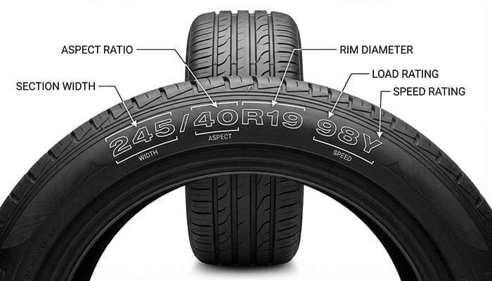 Tire size guide showing width, aspect ratio, rim diameter, load rating, and speed rating for vehicle tires