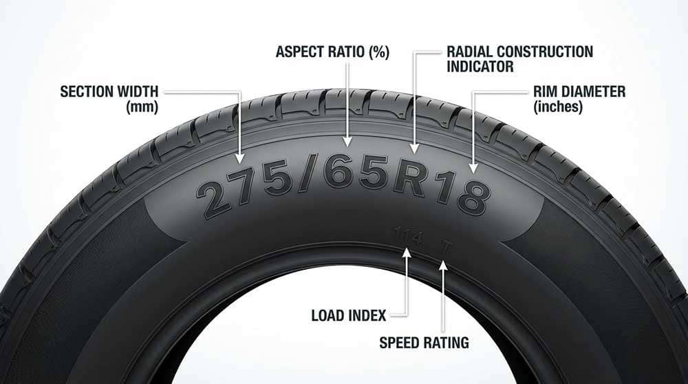 Diagram explaining tire size markings including section width, aspect ratio, radial construction, rim diameter, load rating, and speed rating