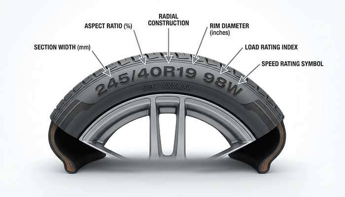Diagram explaining tire size markings including section width aspect ratio radial construction rim diameter load rating and speed rating