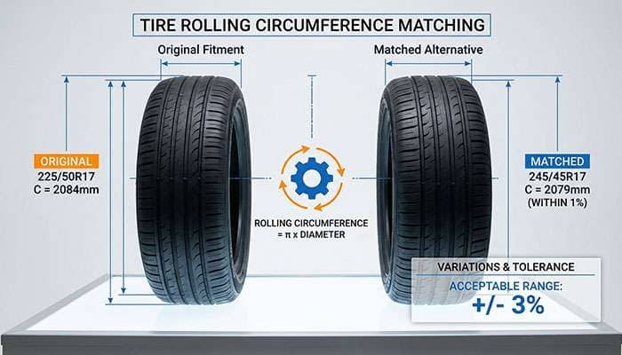 Diagram illustrating the tire size matching problem using rolling measurements and their variations for accurate fit