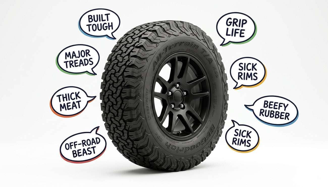 Tire slang terminology guide with automotive tire and speech bubble graphics