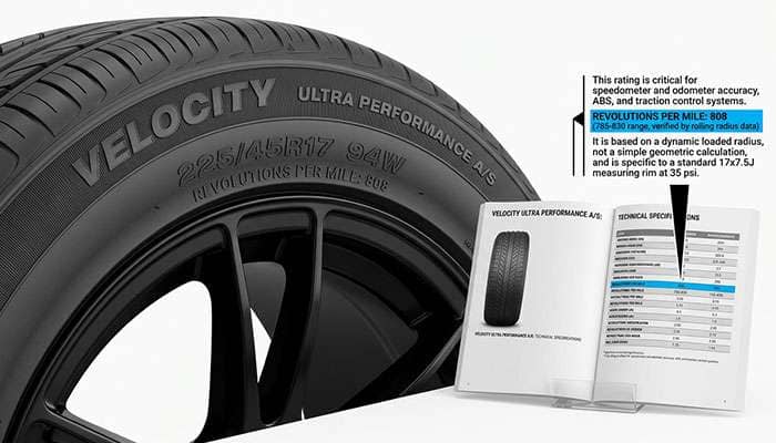 Tire sidewall and specification sheet showing revolutions per mile rating