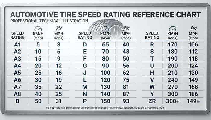 Tire speed rating chart showing speed ratings from A1 to ZR with corresponding km/h and mph values