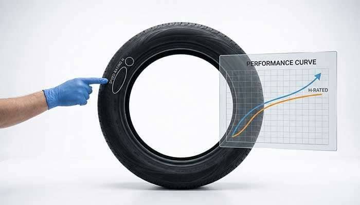 Illustration of a tire, a pointing hand, and a small graph with two colored lines on a grid background