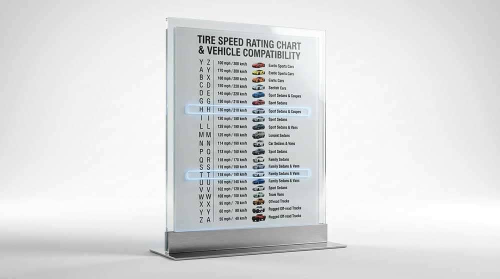 Tire speed rating chart showing maximum speeds and vehicle types from off-road trucks to exotic sports cars