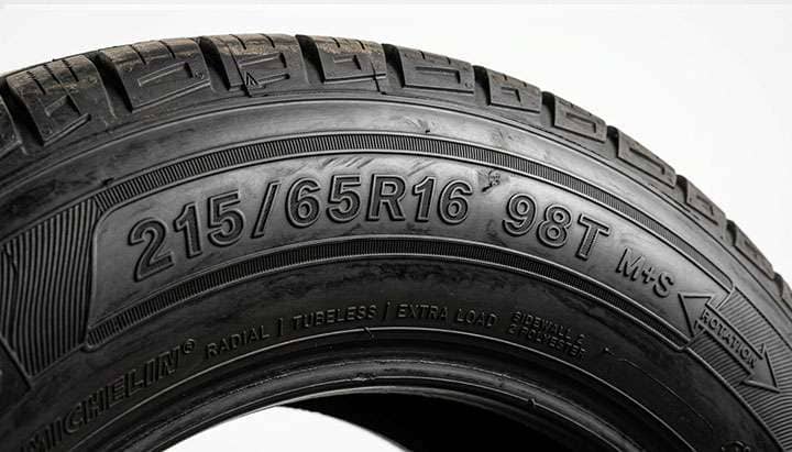 Macro view of tire sidewall lettering showing load index and speed rating characters