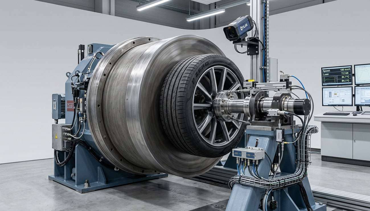 High-performance tire mounted on a tire test drum machine in a clean engineering laboratory environment showing instrumentation and measurement equipment