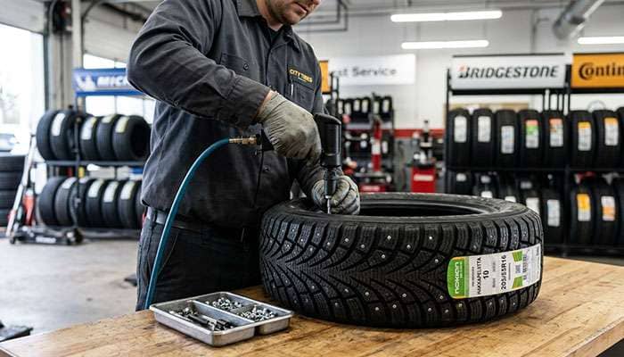 Tire technician using a stud gun to install carbide studs into the molded holes of a new studdable winter tire