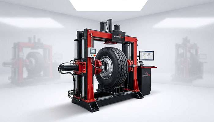 Industrial tire testing machine with red and black framework inside a spacious lab facility