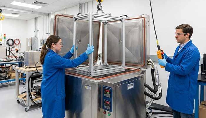 Two technicians in lab coats placing a metal frame into a thermal chamber testing machine in a lab setting