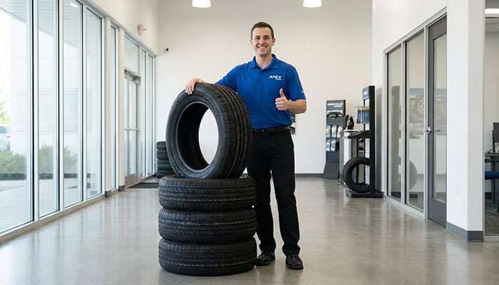 Person holding a tire showing a thumbs-up next to four standing tires in a bright showroom