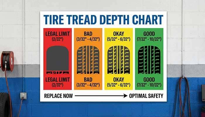 Tire tread depth chart showing legal limit, bad, okay, and good tread depths from 2/32 to 10/32 inches