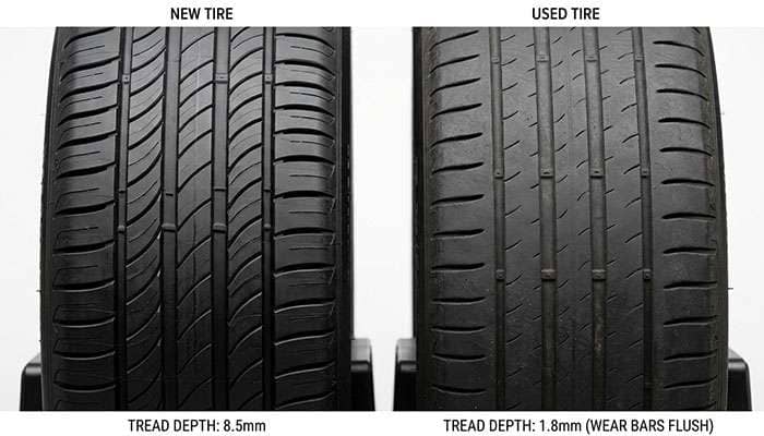 Close-up comparison of tire tread depth between two passenger tires