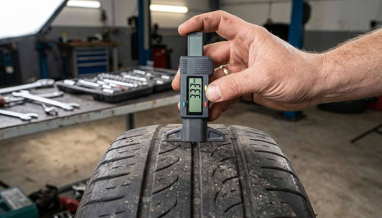 Hand holding a digital tire tread depth gage showing 3.33 mm on a worn tire tread surface.
