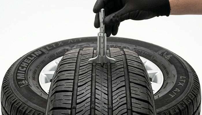 Tread depth gauge measuring the groove depth of a tire on a clean white studio backdrop