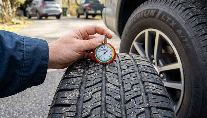 Hand measuring tire tread depth with a red and yellow gage on a black tire outdoors.
