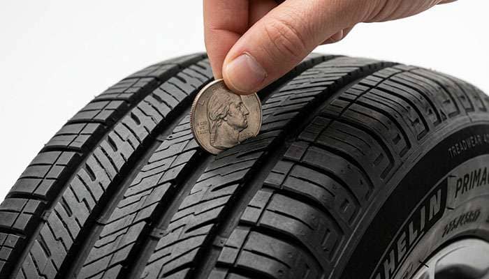 Quarter inserted into a tire tread groove to measure remaining tread depth