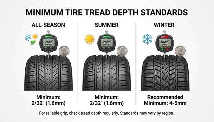 Minimum tread depth standards for all-season, summer, and winter tires with corresponding icons and measurements