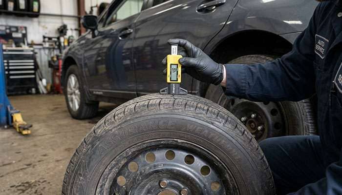 Tire tread depth measurement using a gauge showing wear level on an all-season tire