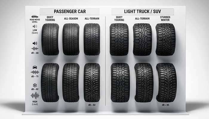 Comparison of passenger car and light truck/SUV tire treads showing increasing road noise from touring to studded winter tires