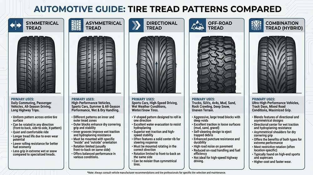 Chart comparing symmetrical, asymmetrical, directional, off-road, and combination tire tread patterns with uses and characteristics