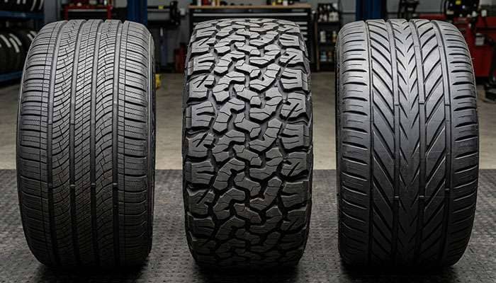 three different tire tread patterns shown flat side by side showing a touring tire all-terrain tire and performance tire design differences