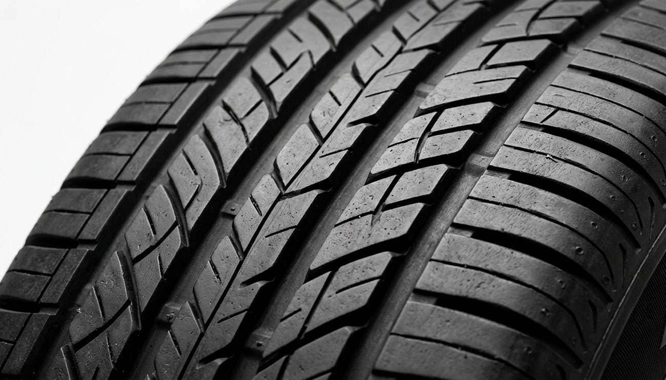 Close-up of a car tire tread pattern showing grooves and tread blocks