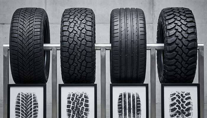 Four different types of tire tread patterns with their respective tire prints shown