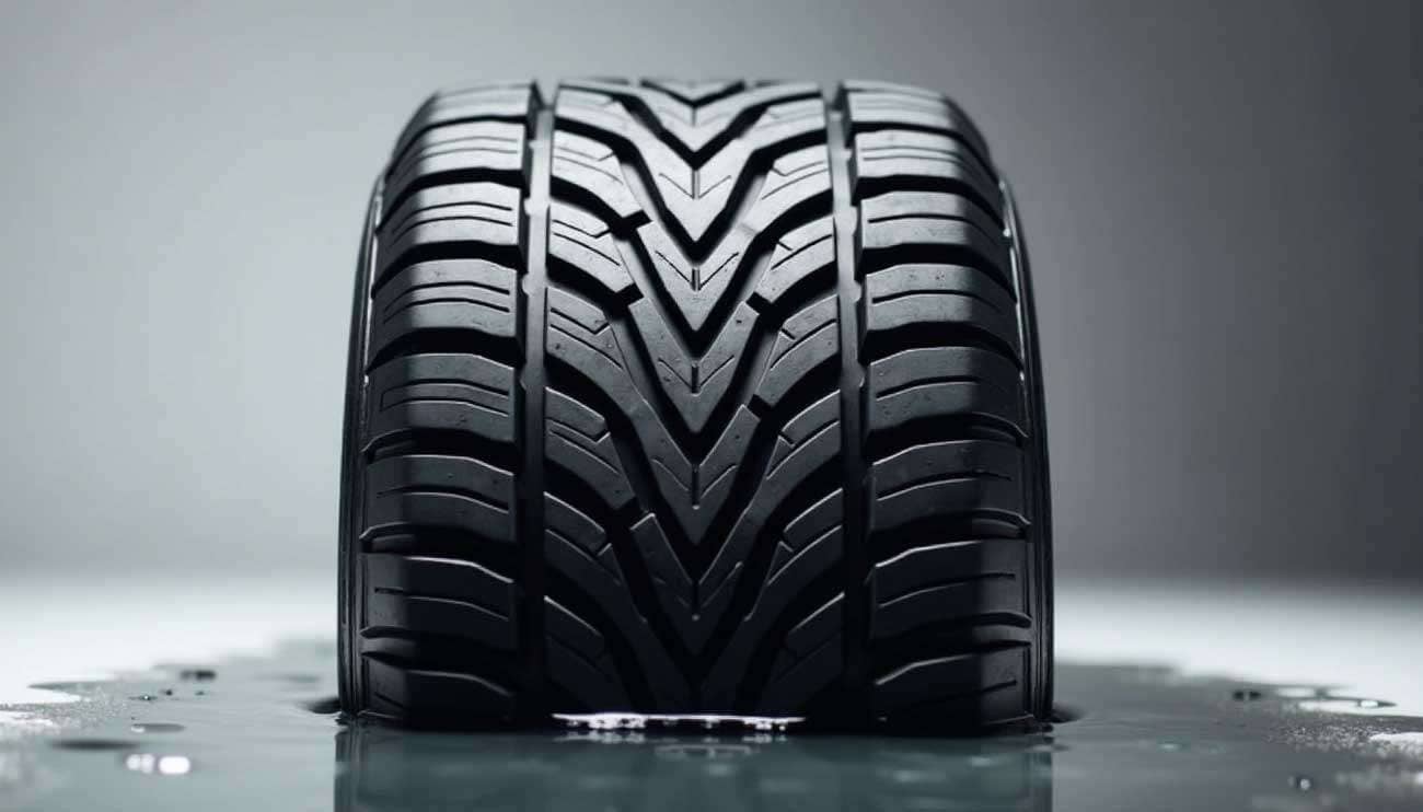 Close-up of a tire tread pattern with water beneath, highlighting the design for traction and water dispersion