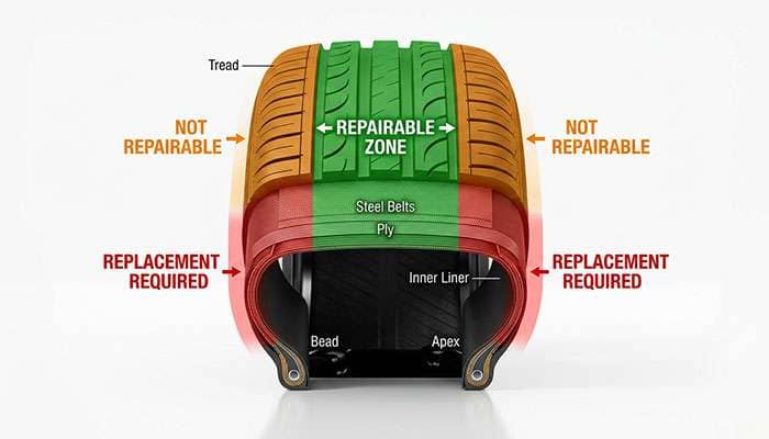 diagram of a tire cross-section showing the repairable center tread zone highlighted in green versus the non-repairable shoulder and sidewall zones in red