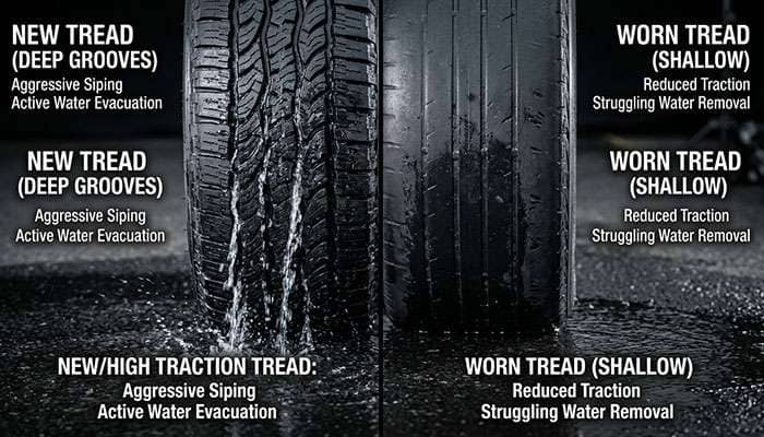 Close-up comparison of tire tread patterns showing water channeling grooves and siping for hydroplaning resistance