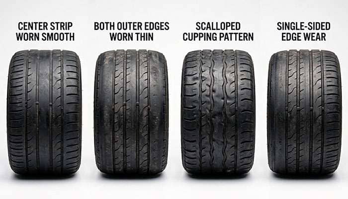 Four tire tread wear patterns showing center wear, edge wear, cupping, and one-sided wear on a white background