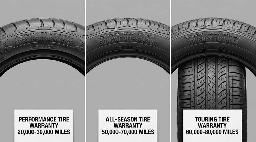 Tire treadwear rating guide showing UTQG ratings and warranty mileage expectations for different tire categories