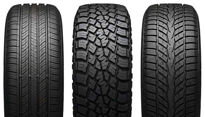 Side-by-side comparison of all-season, all-terrain, and winter tire tread patterns