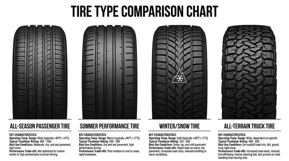 Comparison chart showing different tire types including all-season, summer performance, winter, and all-terrain with tread patterns